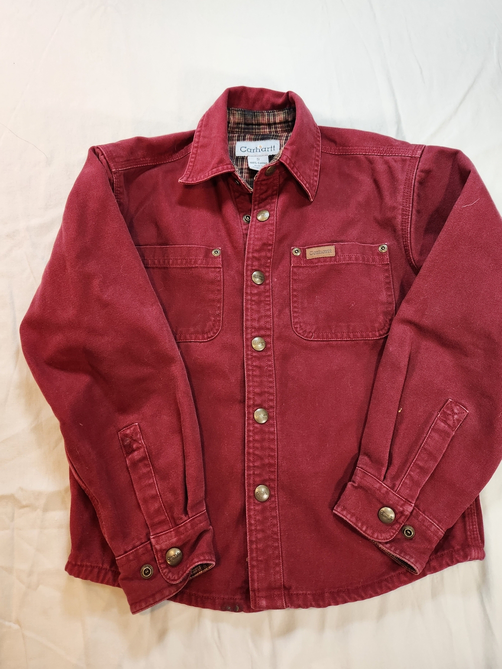 Carhartt Boys Work Jacket Red Button Front Lined Pockets Size S
